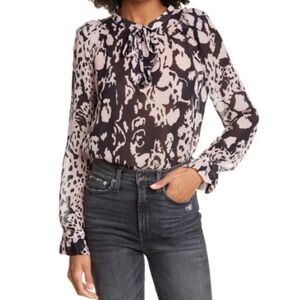 BA&SH Cime Floral Print Neck Tie Ruffle Blouse Viscose Flowy US XS‎ Pink Black
